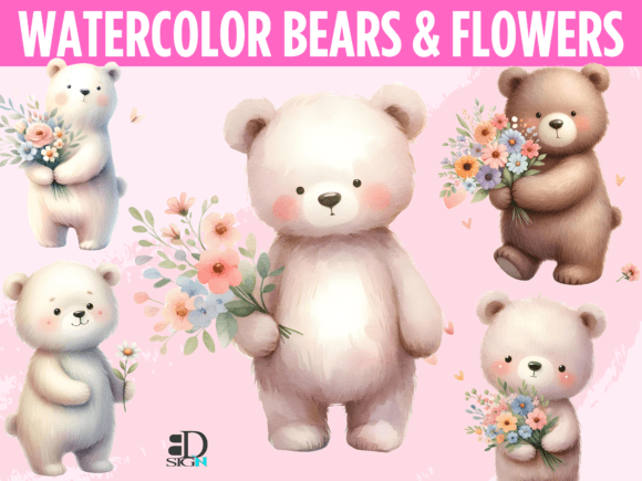 Adorable Watercolor Bears with Flowers: Whimsy Meets Brand Identity