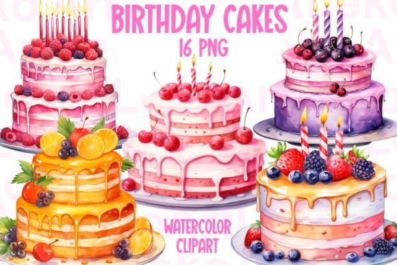 Birthday Cakes Watercolor Clipart