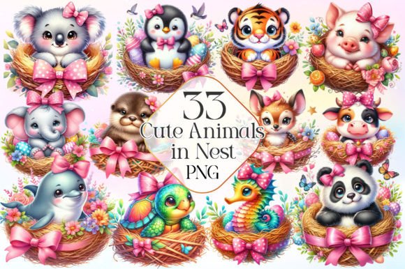 Cute Animals in Nest Watercolor Clipart