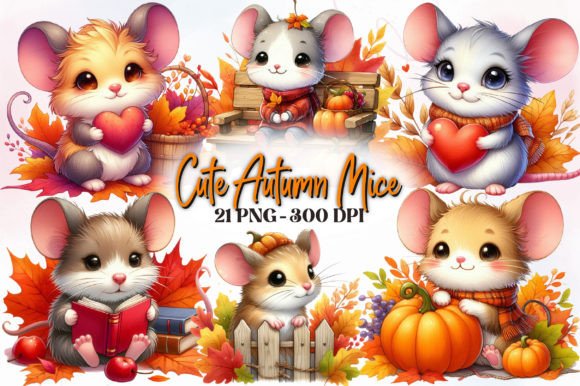 Cute Autumn Mice Watercolor Clipart