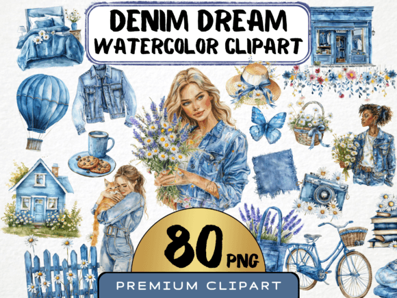 Denim Dream Watercolor Clipart for Modern Design