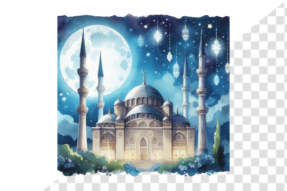 Eid Night Sky Mosque Serene Watercolor