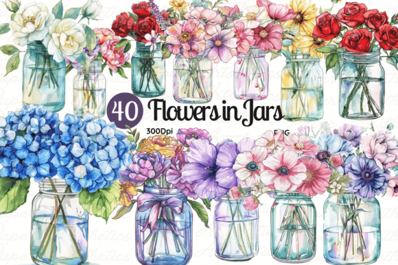 Flowers in Mason Jar Watercolor Clipart