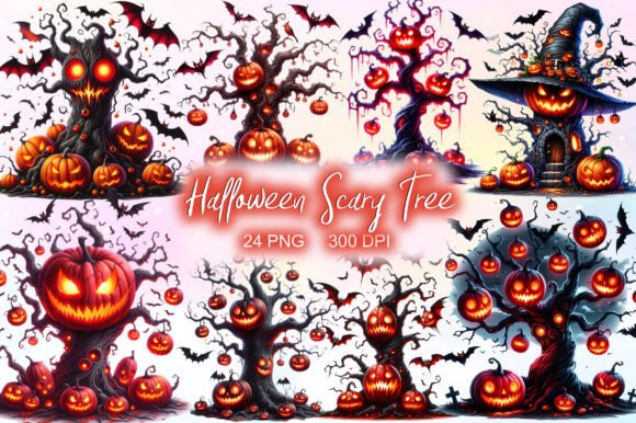 Halloween Scary Tree Watercolor Clipart