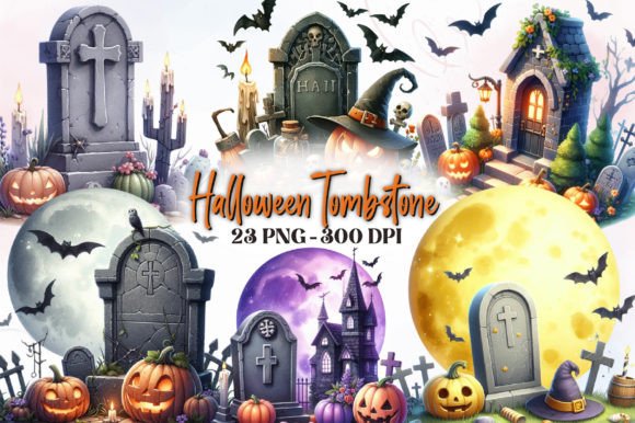 Halloween Tombstone Watercolor Clipart for Spooky Design Projects