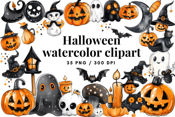 Halloween Watercolor Clipart Cute PNG Sets for Creative Projects