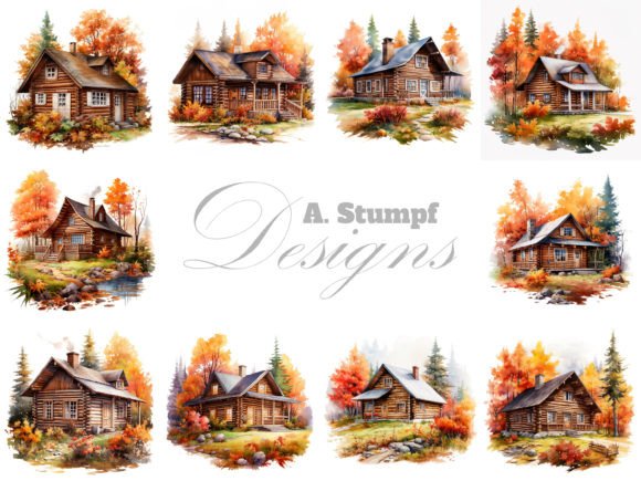 Log Cabin Autumn Watercolor Clipart Set