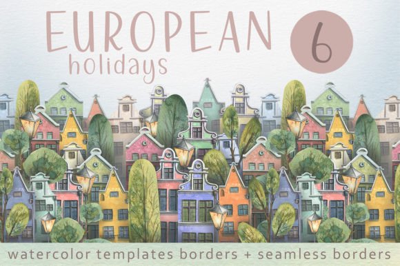 Old European Houses Watercolor Borders