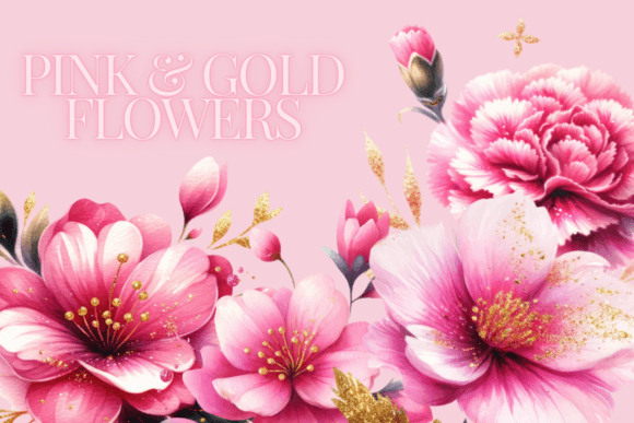 Pink and Gold Floral Watercolor Flowers for Modern Design