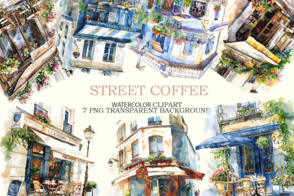 Street Coffee Watercolor Clipart Bundle