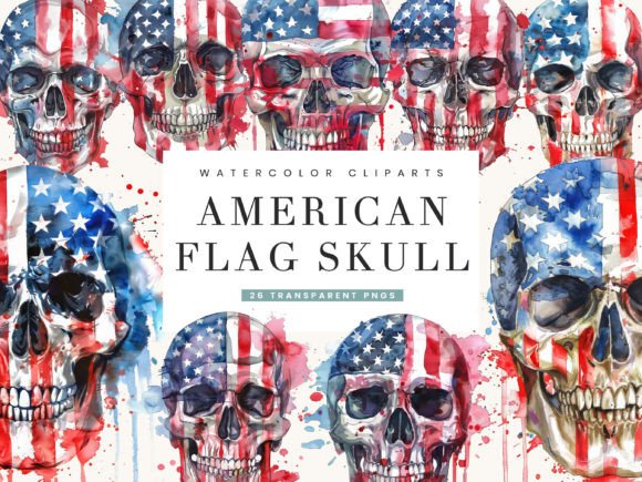 Watercolor American Flag Skull Clipart