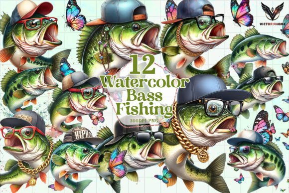 Watercolor Bass Fishing Clipart PNG