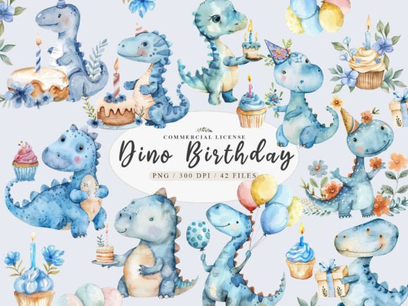 Watercolor Blue Dinosaur Birthday Clipart for Creative Projects