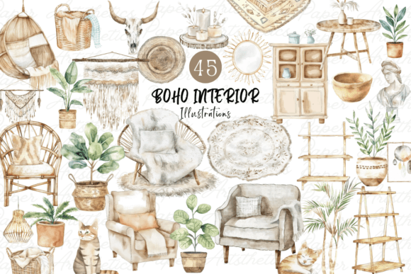 Watercolor Boho Interior Decor Clipart for Branding