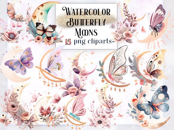 Watercolor Butterfly Moons Clipart: Design Assets for Creatives