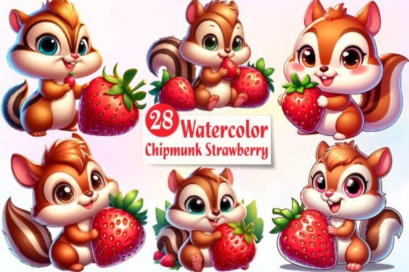 Watercolor Chipmunk Strawberry Clipart for Creatives