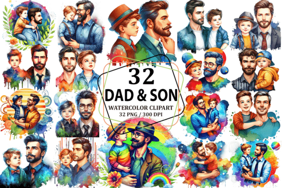 Watercolor Dad Son Fathers Day Clipart for Heartfelt Designs