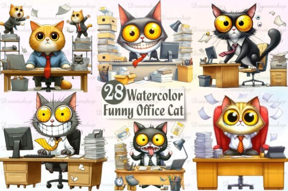 Watercolor Funny Office Cat Clipart: Whimsy for Modern Brands