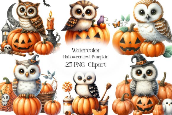 Watercolor Halloween Owl Pumpkin Clipart for Creative Projects
