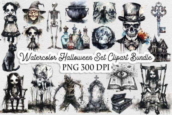 Watercolor Halloween Set Clipart Bundle