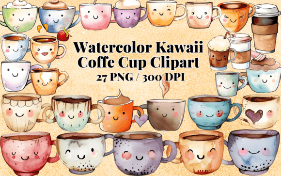 Watercolor Kawaii Coffe Cup Clipart PNG for Creative Projects