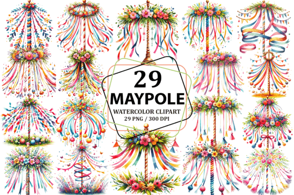 Watercolor Maypole Sublimation Clipart for Creative Projects