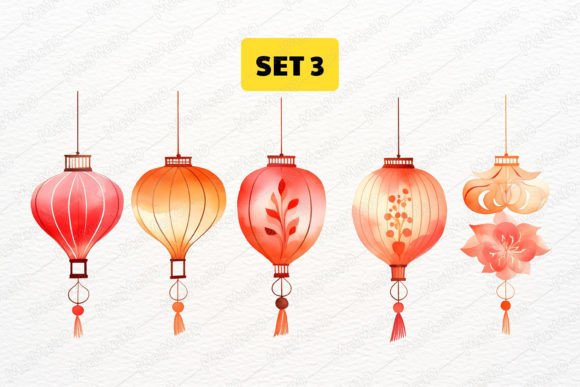Watercolor Oriental Lantern Clipart Set