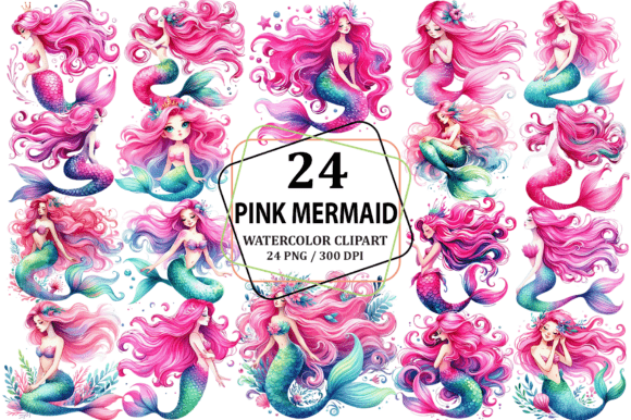 Watercolor Pink Hair Mermaid Clipart for Designers