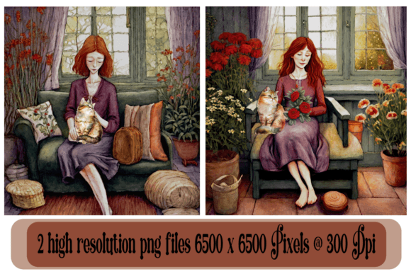 Watercolor Prints Woman with Cat
