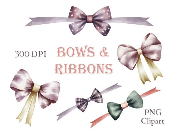 Watercolor Purple Bows Ribbons Clipart for Branding