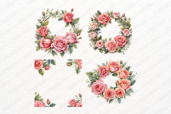 Watercolor Rose Flower Wreath Frame Set