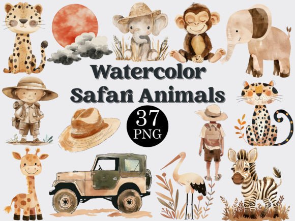Watercolor Safari Animals Clipart Bundle for Brand Design