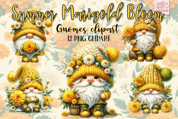 Watercolor Summer Marigold Gnomes PNG