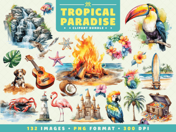 Watercolor Tropical Paradise Clipart